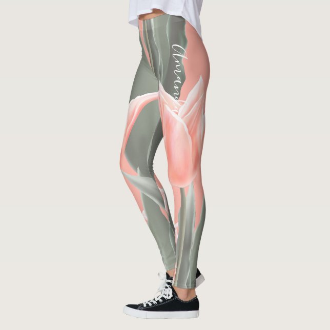 Lycklig Mors dag! Snyggt Peach Tulips Flowers Leggings (Vänster)