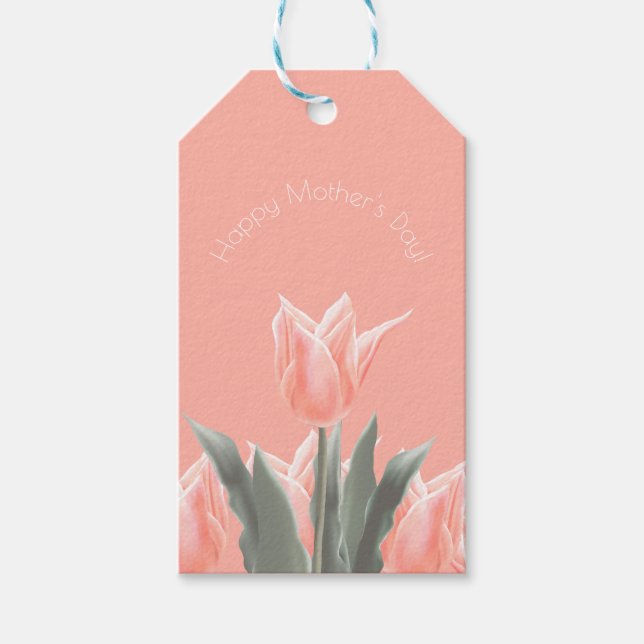 Lycklig Mors dag! Snyggt Peach Tulips Flowers Presentetikett (Framsidan)