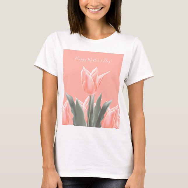 Lycklig Mors dag! Snyggt Peach Tulips Flowers T Shirt (Framsida)
