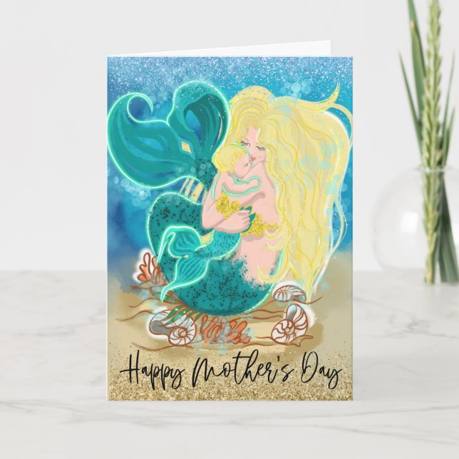 Lycklig Mors dag Söt Sjöjungfru Child Glitter Kort (Framsida)