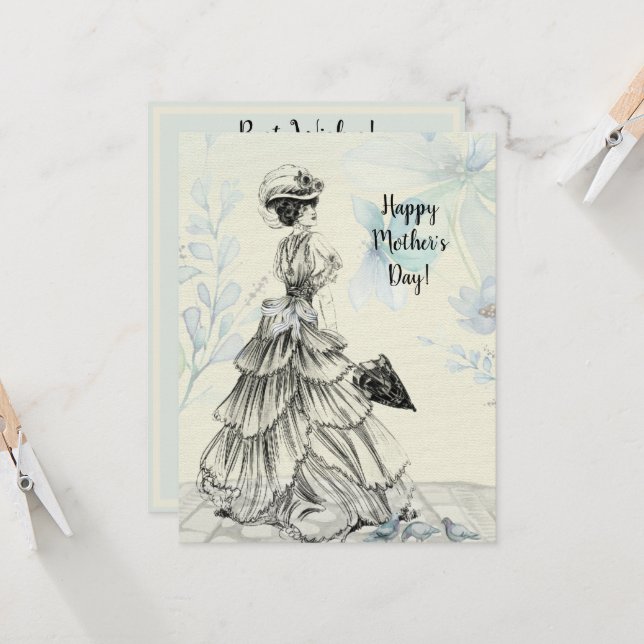 Lycklig Mors dag Victorian Woman Parasol Birds (Fram/Back In Situ)