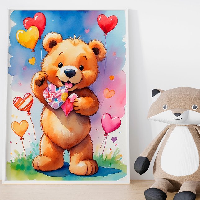 Lycklig Nalle med hjärtgåva och ballonger Poster (Skapare uppladdad)