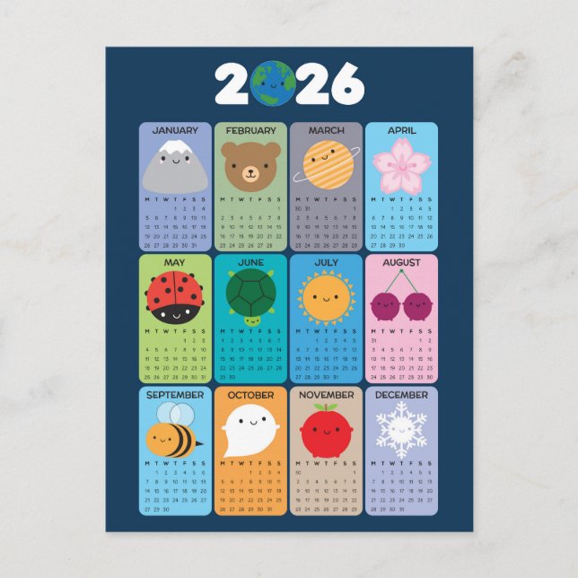 Lycklig Nature Kawaii 2026 Calendar Vykort (Framsida)