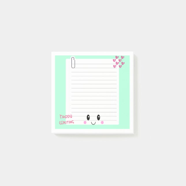 Lycklig Notes-Grönt: Kawaii Sticky Notes Post-it Block (Framsida)