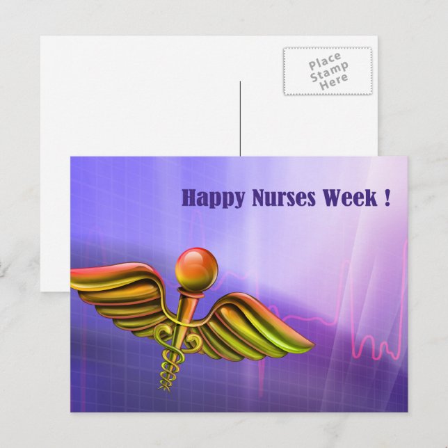 Lycklig Nurses Week. Medicinsk Caduceus Vykort (Fram/baksida)