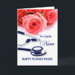 Lycklig Nurses Week. Ro och stetoskopkort Tack Kort<br><div class="desc">Lycklig Nurses Week. Ro och Stetoscope-kort med anpassade i hälsning. Matchningskort och presenter som finns tillgängliga i affärs-/vårdkategorin i vår butik.</div>