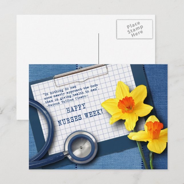 Lycklig Nurses Week Vår Daffodils och Stethoscope Vykort (Fram/baksida)