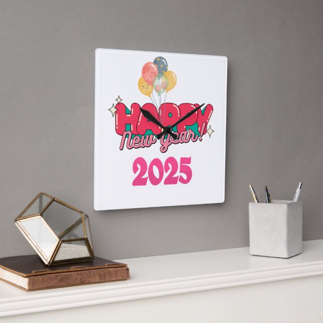 lycklig, nyårstid 2025 fyrkantig klocka (Kontor)