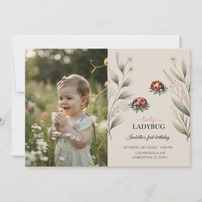 Lycklig Nyckelpiga Foto Blommig Flicka 1-årsdag  Inbjudningar (Framsida)