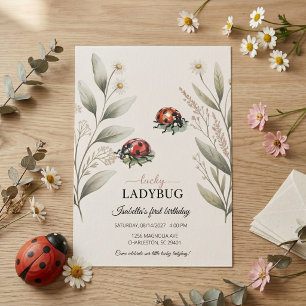 Lycklig Nyckelpiga Vattenfärg Blommig Flicka 1-års Inbjudningar