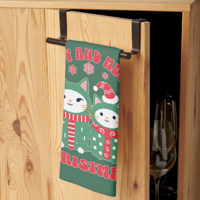Lycklig och Meowy Jul Katt 1 Kökshandduk (Thirds Fold)