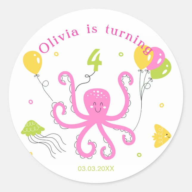 Lycklig Octopus Birthday Runt Klistermärke (Framsida)
