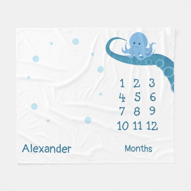 Lycklig Octopus White Blue Namn Animal Milestone Fleecefilt (Framsidan (Horisontell))