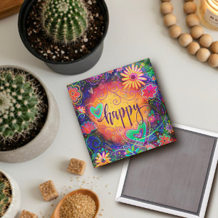 Lycklig ONE ORD Inspiritivity Roligt Blommigt Hear Magnet