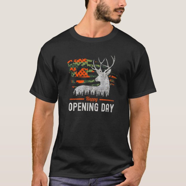 Lycklig öppningsdag Whitetail Camo American Flagga T Shirt (Framsida)