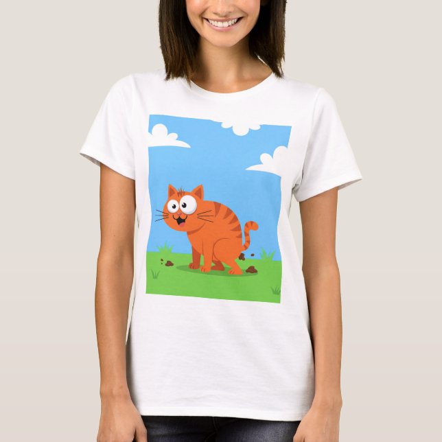 Lycklig Orange Cat Pooping Tecknad Pet Slösar T Shirt (Framsida)
