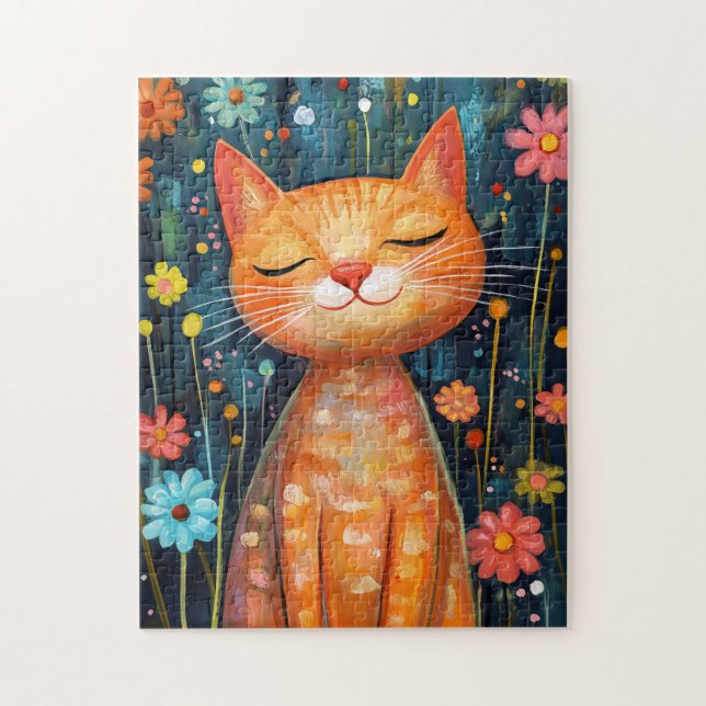 Lycklig Orange Cat Whimsical Flowers Pussel (Vertikal)