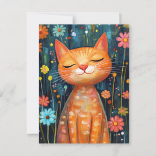 Lycklig Orange Cat Whimsical Flowers Vykort