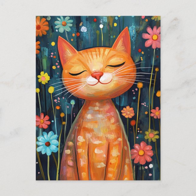 Lycklig Orange Cat Whimsical Flowers Vykort (Framsida)