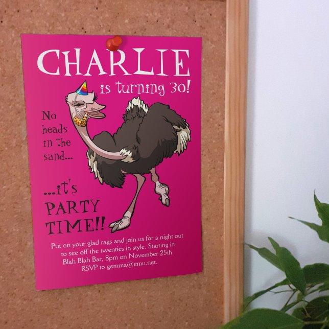 Lycklig Ostrich Dancing i Party Hat-Tecknaden Inbjudningar (Skapare uppladdad)