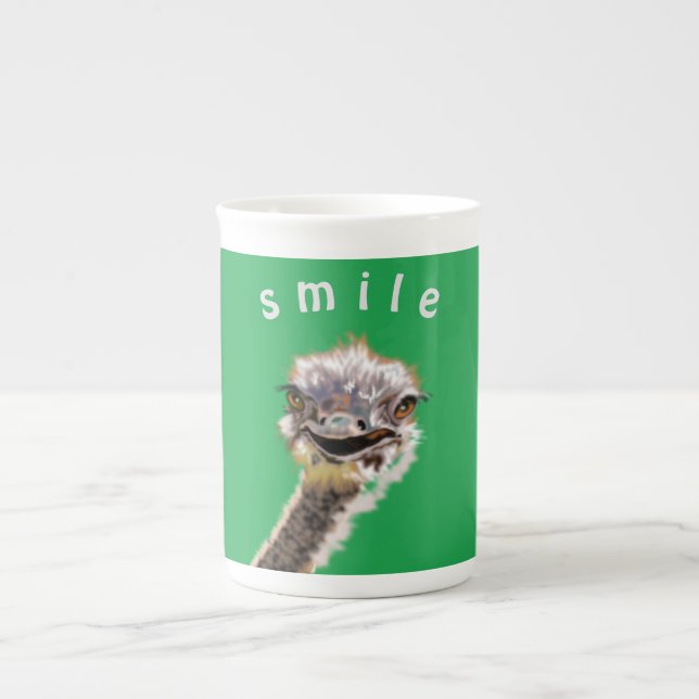 Lycklig Ostrich Mugg - Smile - Din Färg / Text Benporslin Mugg (Framsidan)