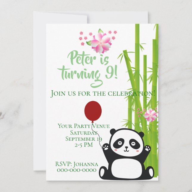 Lycklig Panda med Bamboo & Cherry Blommar Birthday Inbjudningar (Framsida)