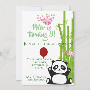Lycklig Panda med Bamboo & Cherry Blommar Birthday Inbjudningar