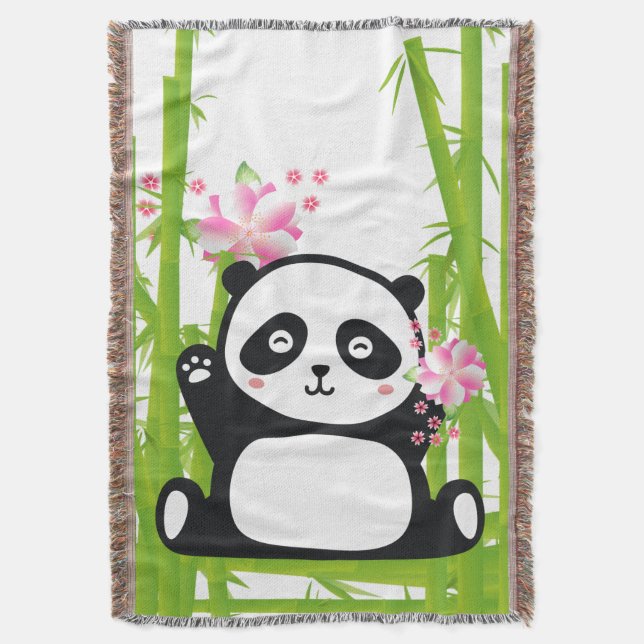 Lycklig Panda med Blommarna Bamboo & Cherry Filt (Framsidan Vertikal)