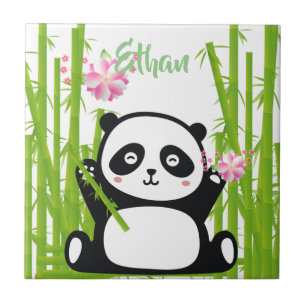 Lycklig Panda med Blommarna Bamboo & Cherry Kakelplatta
