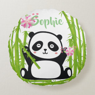 Lycklig Panda med Blommarna Bamboo & Cherry Rund Kudde
