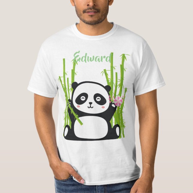 Lycklig Panda med Blommarna Bamboo & Cherry T Shirt (Framsida)