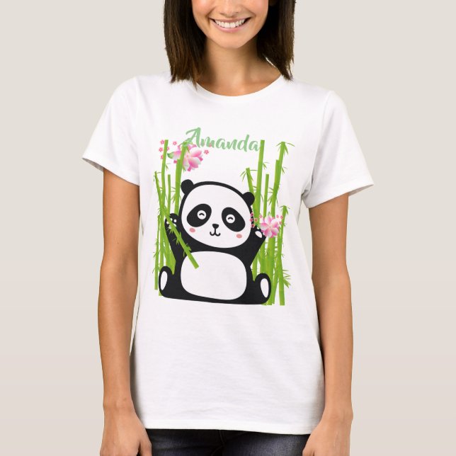 Lycklig Panda med Blommarna Bamboo & Cherry  T Shirt (Framsida)