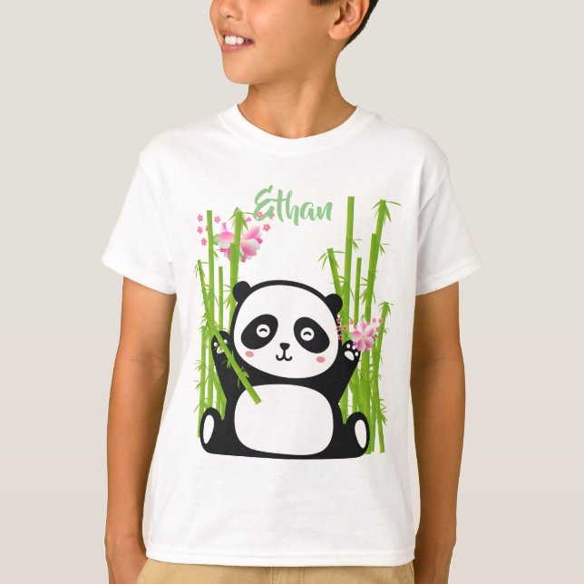Lycklig Panda med Blommarna Bamboo & Cherry T Shirt (Framsida)