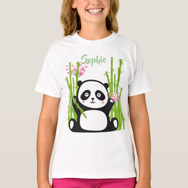 Lycklig Panda med Blommarna Bamboo & Cherry  T Shirt (Framsida)