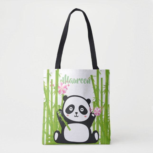 Lycklig Panda med Blommarna Bamboo & Cherry Tygkasse (Framsida)