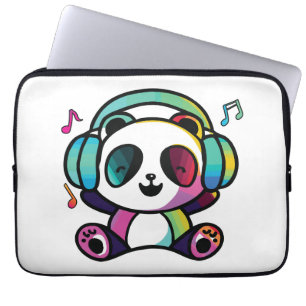 Lycklig Panda med hörlurar som lyssnar på musik. Laptop Fodral