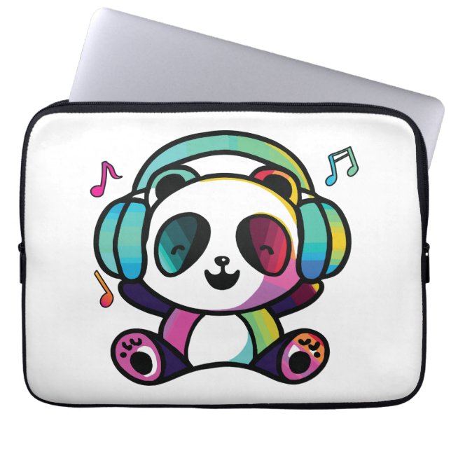 Lycklig Panda med hörlurar som lyssnar på musik. Laptop Fodral (Framsidan)
