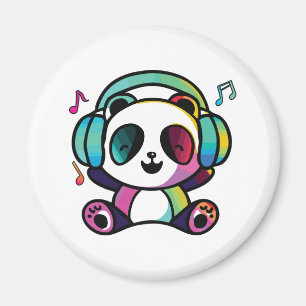 Lycklig Panda med hörlurar som lyssnar på musik. Magnet