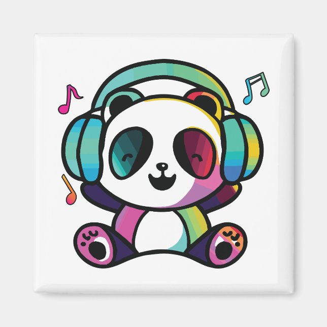 Lycklig Panda med hörlurar som lyssnar på musik. Magnet (Framsidan)
