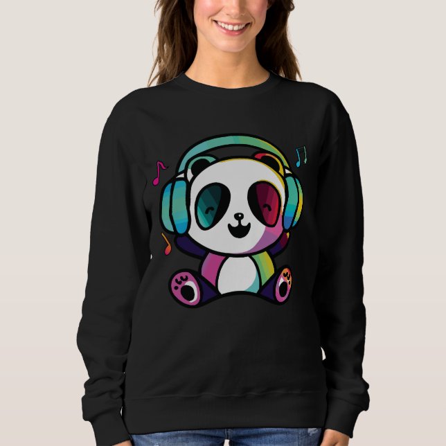 Lycklig Panda med hörlurar som lyssnar på musik. T Shirt (Framsida)