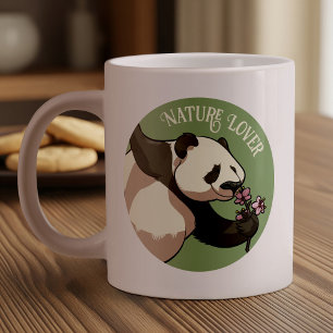 Lycklig Panda Smelling Blommar Natur Älskare Teckn Jumbo Mugg