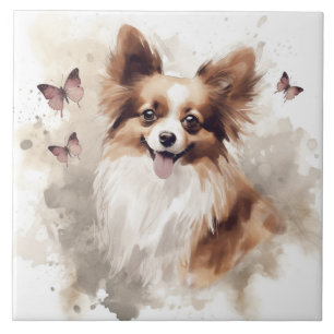 Lycklig Papillon Hund Watercolor Kakelplatta