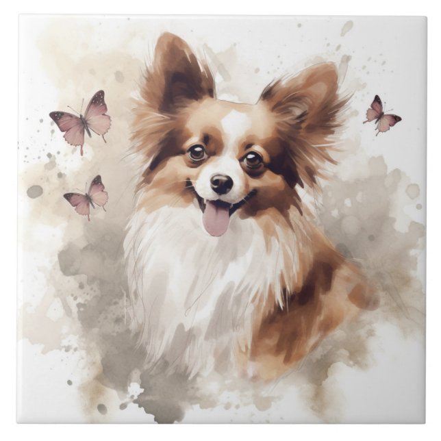 Lycklig Papillon Hund Watercolor Kakelplatta (Framsidan)