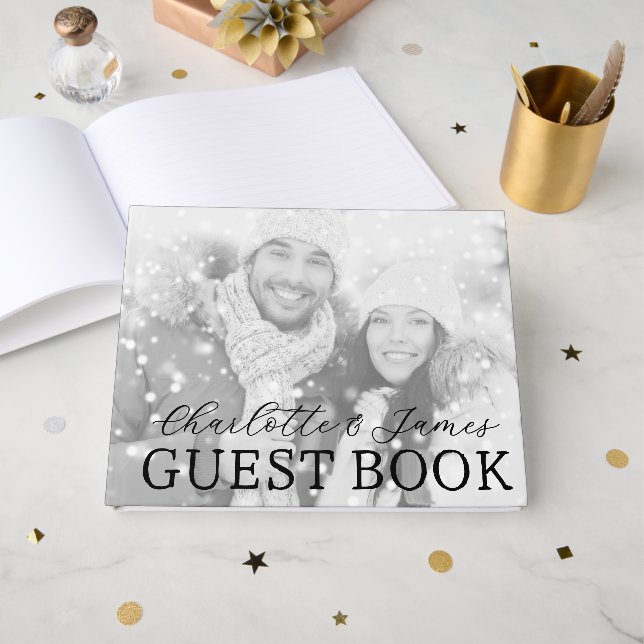 Lycklig par svart och vitt foto Bröllop Gästböcker (Framsida Öppen)