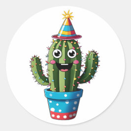 Lycklig Party Cactus - Cute Festive Tecknad Design Runt Klistermärke