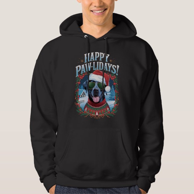 Lycklig Pawlidays Black Labrador Hund-Roligten Jul Hoodie (Framsida)
