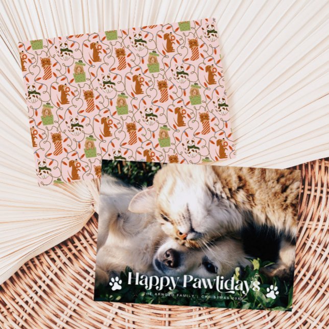 Lycklig Pawlidays Cat Hund julfotfoto Rosa Julkort (Skapare uppladdad)