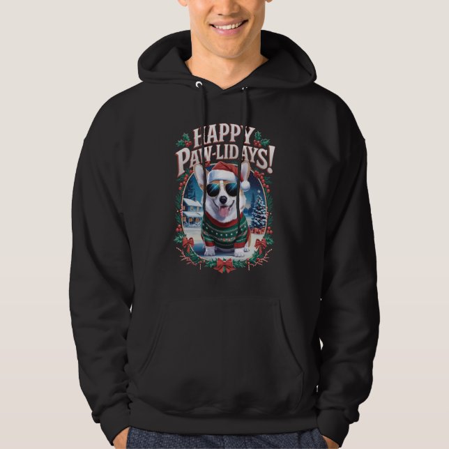 Lycklig Pawlidays Corgi God jul Helgdagar Roligt Hoodie (Framsida)