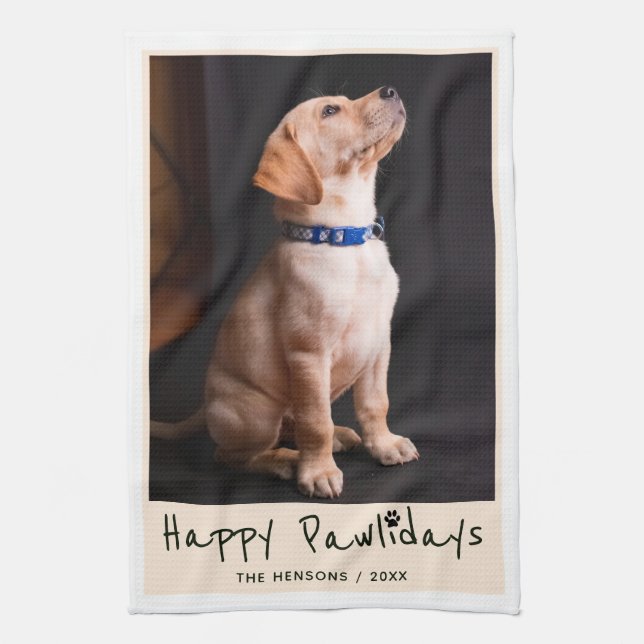Lycklig Pawlidays Funny Pun Pet Photo Kökshandduk (Vertikal)