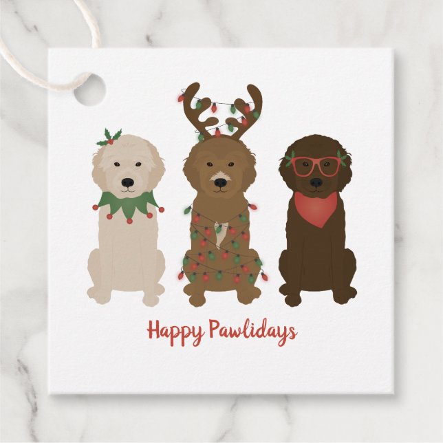 Lycklig Pawlidays Goldendoodle jul Ljus Gåvor Etiketter (Framsida)
